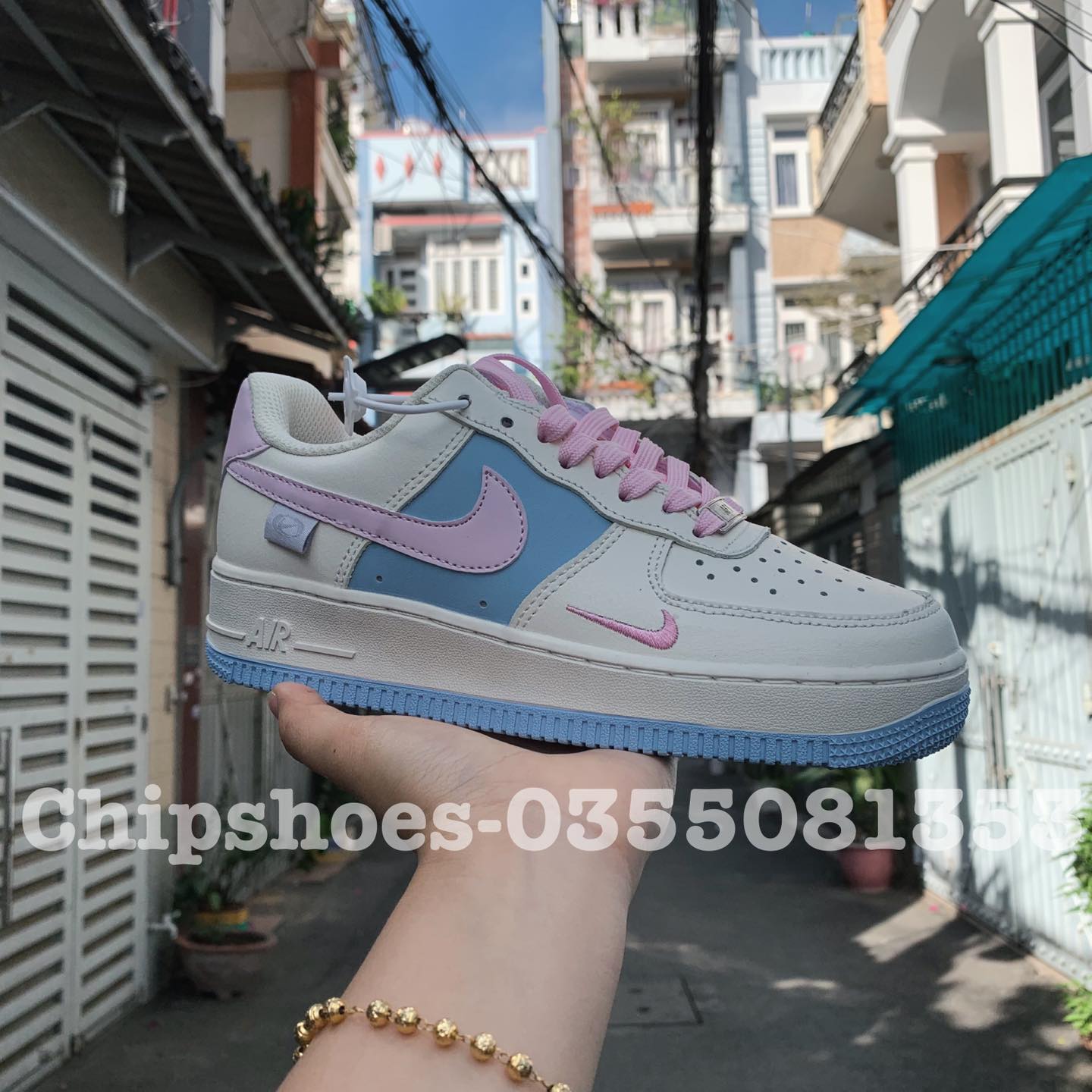 giày nike air for 1 low light blue pink white